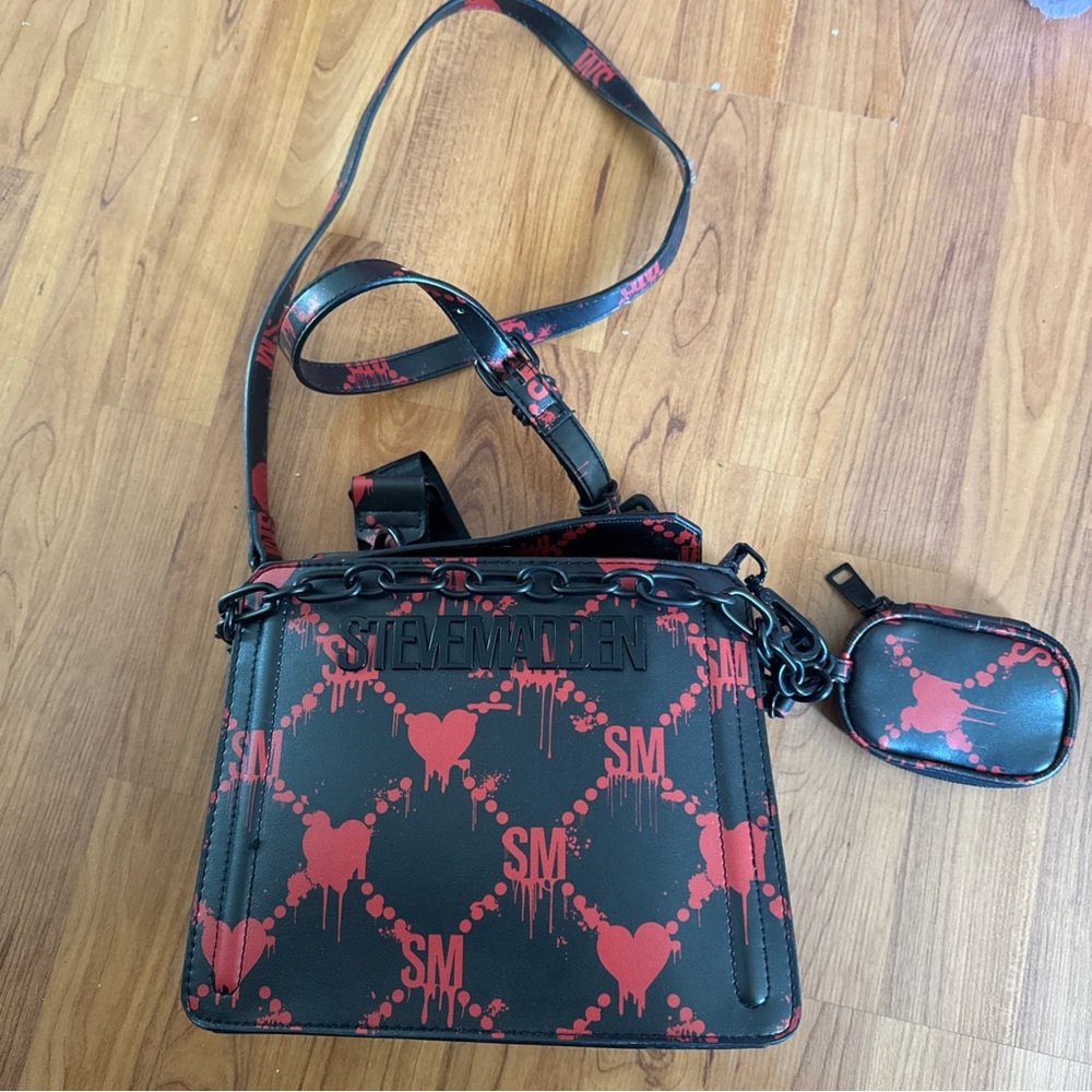 Steve Madden Black & Red Heart-Print Crossbody Bag with Coin Pouch